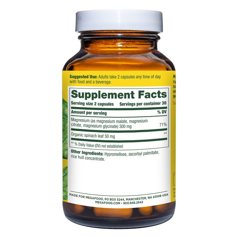 MegaFood Magnesium Supplement, 300mg Magnesium Glycinate, Citrate &#38; Malate Vegetarian Capsules - 60ct, 3 of 12