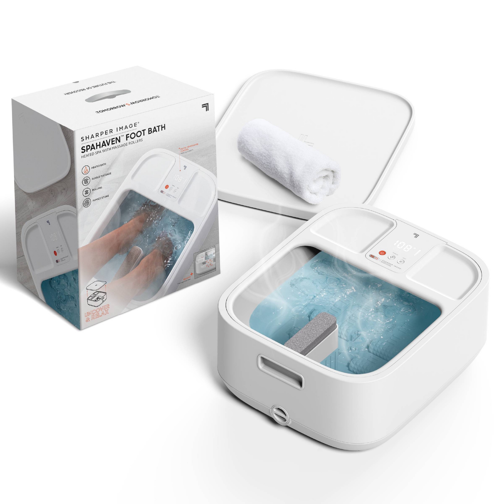 Sharper Image Foot Bath Heated Spa with Massage Rollers and LED Display - White