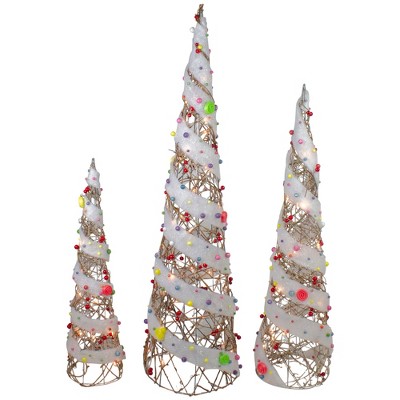 Northlight Set of 3 Lighted Champagne Gold Candy Covered Cone Tree Outdoor Christmas Decorations 39.25"