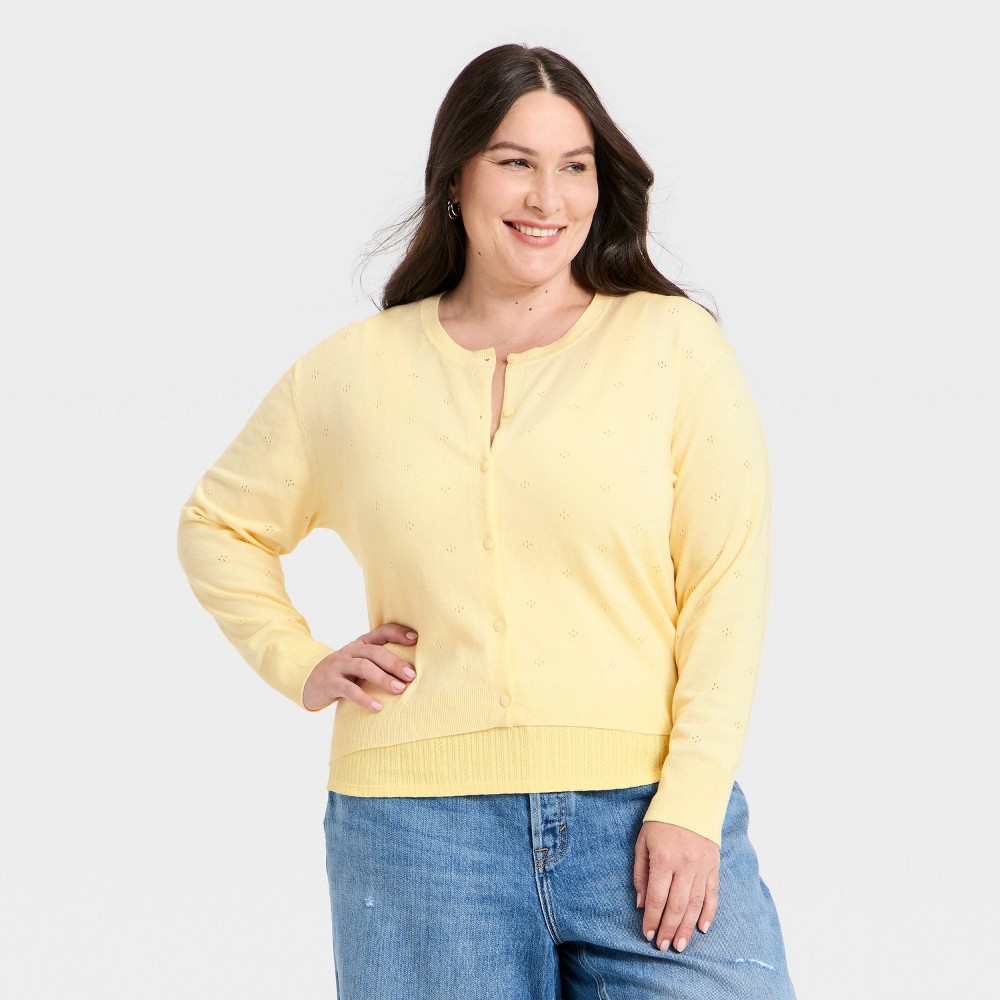 Women's Pointelle Button-Down Cardigan - A New Day™ Yellow 4X
