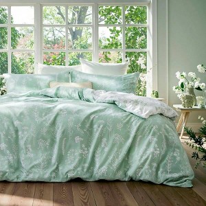 King Size Reversible Floral Duvet Cover Set, Green, 3 Pieces, Zipper Closure, 104x90 with 8 Ties, 2 Pillow Shams 20x36 - 1 of 4