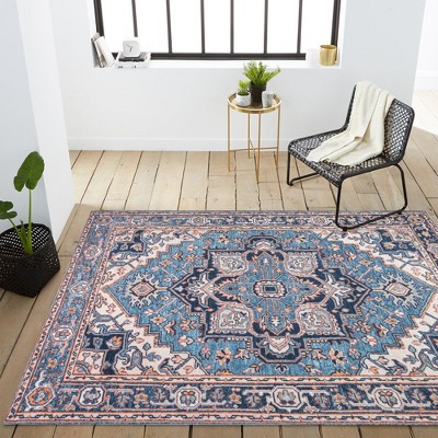 Cirali Blue and Beige Medallion Washable Area Rug