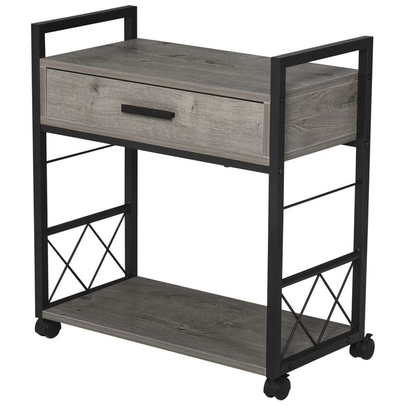 HOMCOM Industrial End Table with Drawer and Bottom Shelf, Mobile Side Table with 4 Wheels for Living Room, Bedroom, 4 of 9