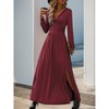 Women's Long Sleeve Lace V Neck Maxi Dress Bodycon Empire Wrap High Waist A Line Pleated Party Dresses with Slit Wine Red S - 2 of 4