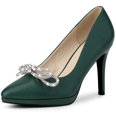 BLISSFUL STEP Women's Rhinestone Bow Pointed Toe Stiletto Heel Pumps