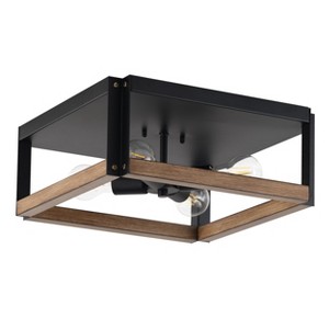 Industrial Rustic 4-Light Flush Mount Ceiling Light, Matte Black and Wood Ceiling Fixture, Open Frame - 1 of 4