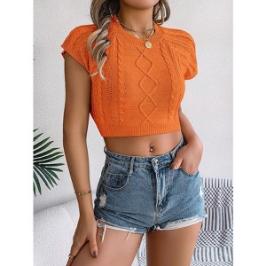 Women's Cropped Sweater Short Sleeve Crew Neck Cable Knit Pullovers Sweater Casual Crop Top - 1 of 4