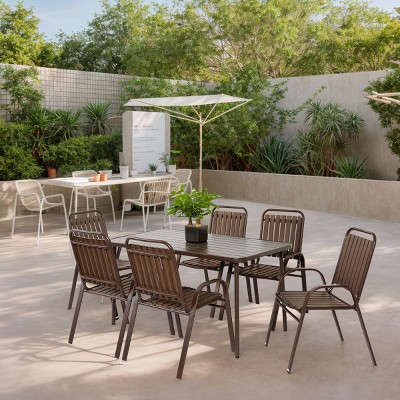 7 Piece Dining Set Patio, Plastic Chair And Steel Table Outdoor Dining Set For 6, Patio Dining Sets With Plastic Chairs And Table Set-Cuddlewood