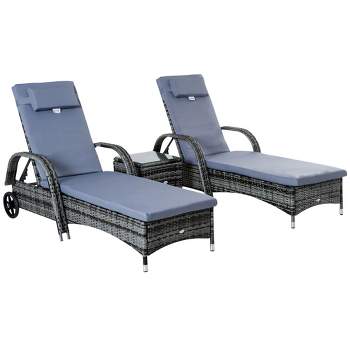 Outsunny Chaise Lounge Set of 2 with 5 Angle Backrest, Wheels, Armrests, Table, Cushions, PE Rattan Wicker Chairs, 3-Piece Pool Furniture Set, Gray