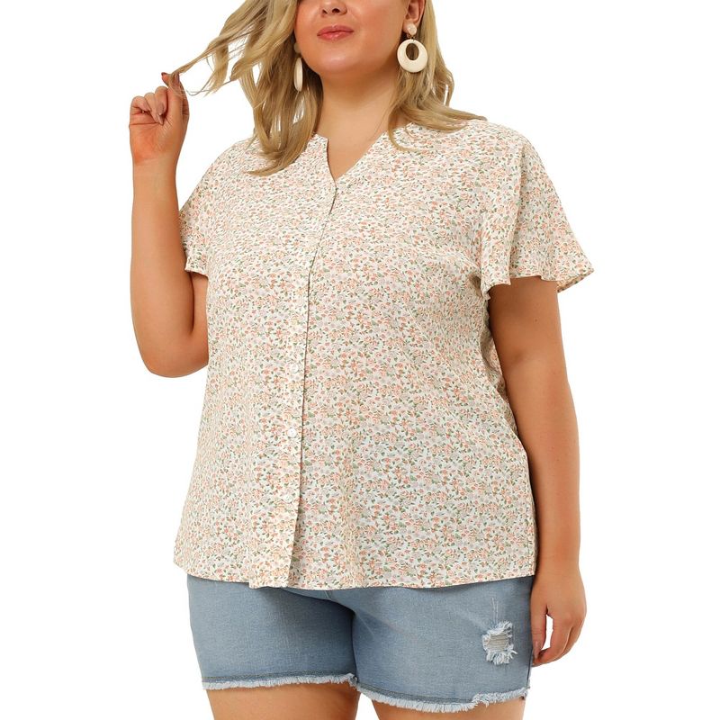 Agnes Orinda Women's Plus Size Floral Flare Short Sleeve Chiffon Button Down Shirts, 2 of 7