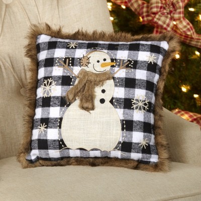 Lakeside Embroidered Black and White Plaid Snowman Throw Pillow with Fur Trim