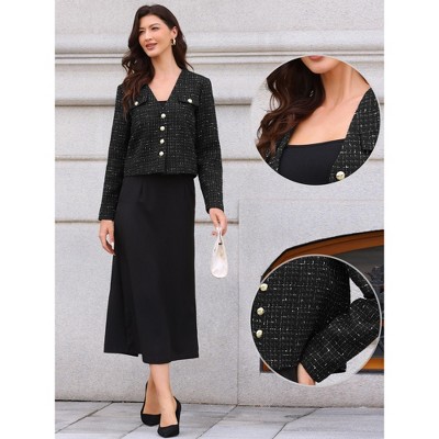 INSPIRE CHIC Women's Tweed Long Sleeve Button Down Collarless Elegant Cropped Jacket Black X-Small — фото 2