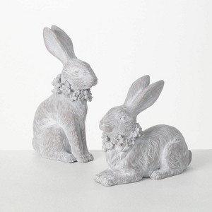 Sullivans Whitewashed Resting Decorative Bunny Sculpture Set of 2  6.25"H & 8.25"H Gray - 1 of 4