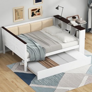Twin/Full Size Daybed with Upholstered Backrest, Wood Sofa Bed Frame Platform Bed with USB Ports, Trundle & Storage Shelves, White - ModernLuxe - 1 of 4