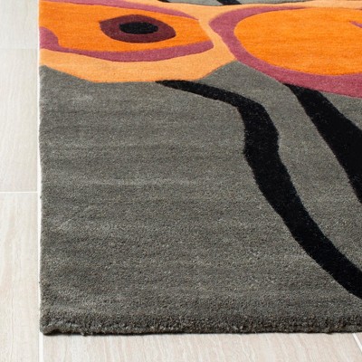 Grey and Orange Floral Wool Runner Rug, 2'6" x 6'