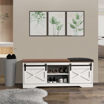 Bench with Storage, 47.2'' Entryway Shoe Storage Bench with Slide Doors, Farmhouse Entryway Bench, Slim Shoe Cabinet Bench for Entryway