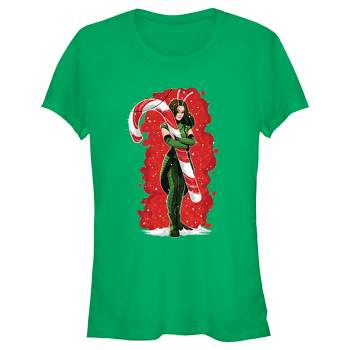 Juniors Womens Guardians of the Galaxy Holiday Special Mantis Candy Cane Hug T-Shirt