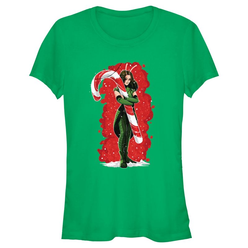 Juniors Womens Guardians of the Galaxy Holiday Special Mantis Candy Cane Hug T-Shirt, 1 of 5