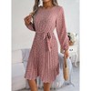 Coolmee Women Casual Smocked Crew Neck Floral Long Sleeve A-Line Swing Midi Dress With Belt - 2 of 4