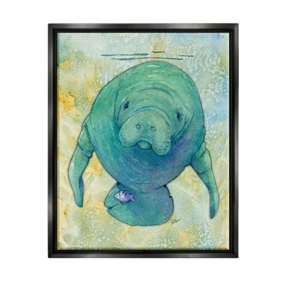 Stupell Industries Green Manatee Underwater Framed Floater Canvas Wall Art