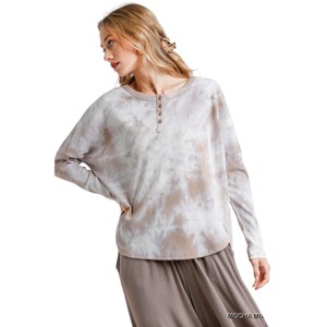 Slickblue Tie Dye Button Front Top, Women's Round Hem Ribbed Shirt, Casual Layering Piece, Mocha, S - 1 of 4