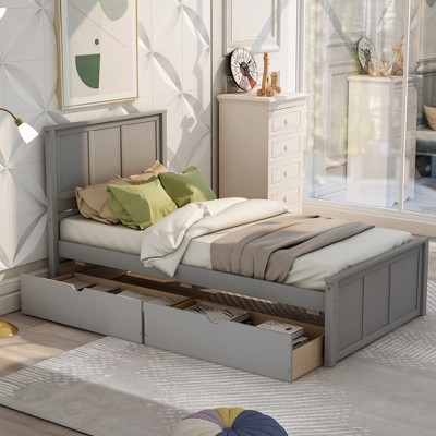 Twin Size Wood Platform Storage Bed With Two Drawers On Wheels, Gray ...