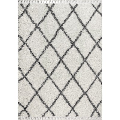 Reversible Grey/Cream Moroccan Geometric Trellis Shag Rug 4' x 6'