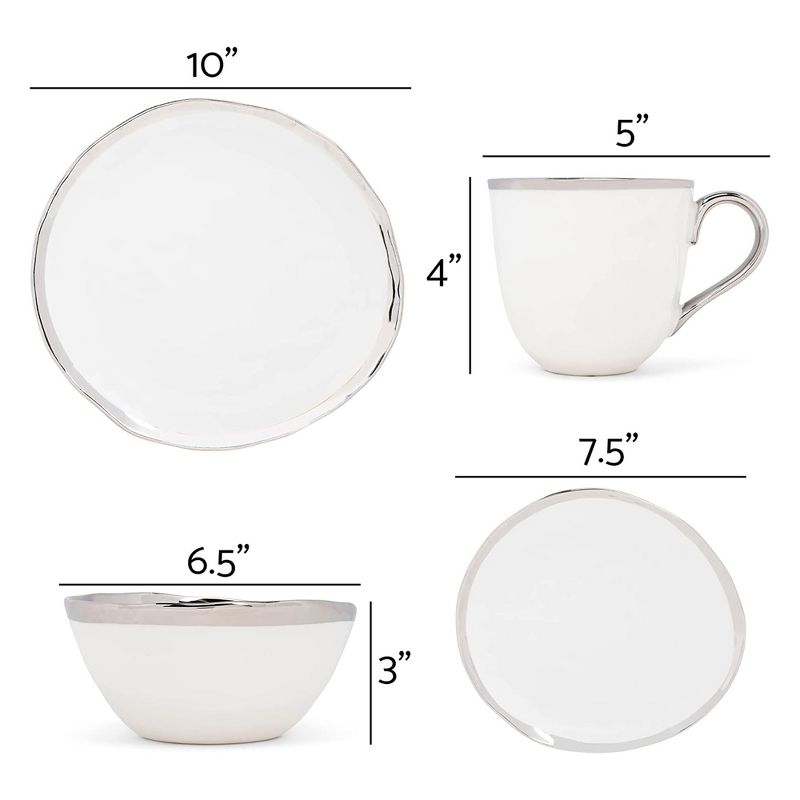 Elanze Designs 16-Piece Metallic Bubble Porcelain Ceramic Dinnerware Set - Service for 4, White Silver, 4 of 7