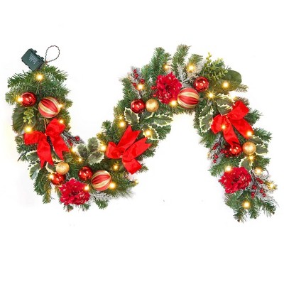 MOEPISY 6ft Red & Gold Christmas Garland with Lights for Front Door,Lighted Winter Mantle