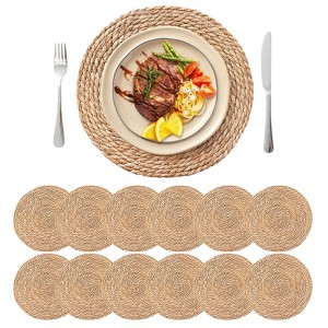 Aoibox Round Woven Placemats Set of 12, Boho Rattan Chargers for Dinner Plates, Rustic Wicker Place Mats, Straw Braided Table Placemats for Dining - 1 of 4