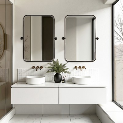 Lirago 31" x 24" 2PC Ironwork rounded Hanging Rectangular Bathroom Mirror with Black Rotatable Hardware for Adjustment
