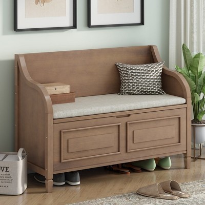 Rustic Style Solid Wood Entryway Storage Bench With Safety Hinge, Multi-functional Shoe Stool With Removable Upholstered Cushion
