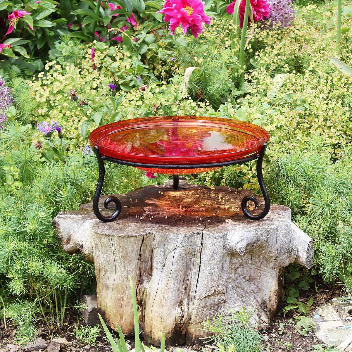 Achla Designs 6" Reflective Crackle Glass Birdbath Bowl with Short Stand Red: Handblown, No Assembly Required, Online-Unique - thumbnail 2