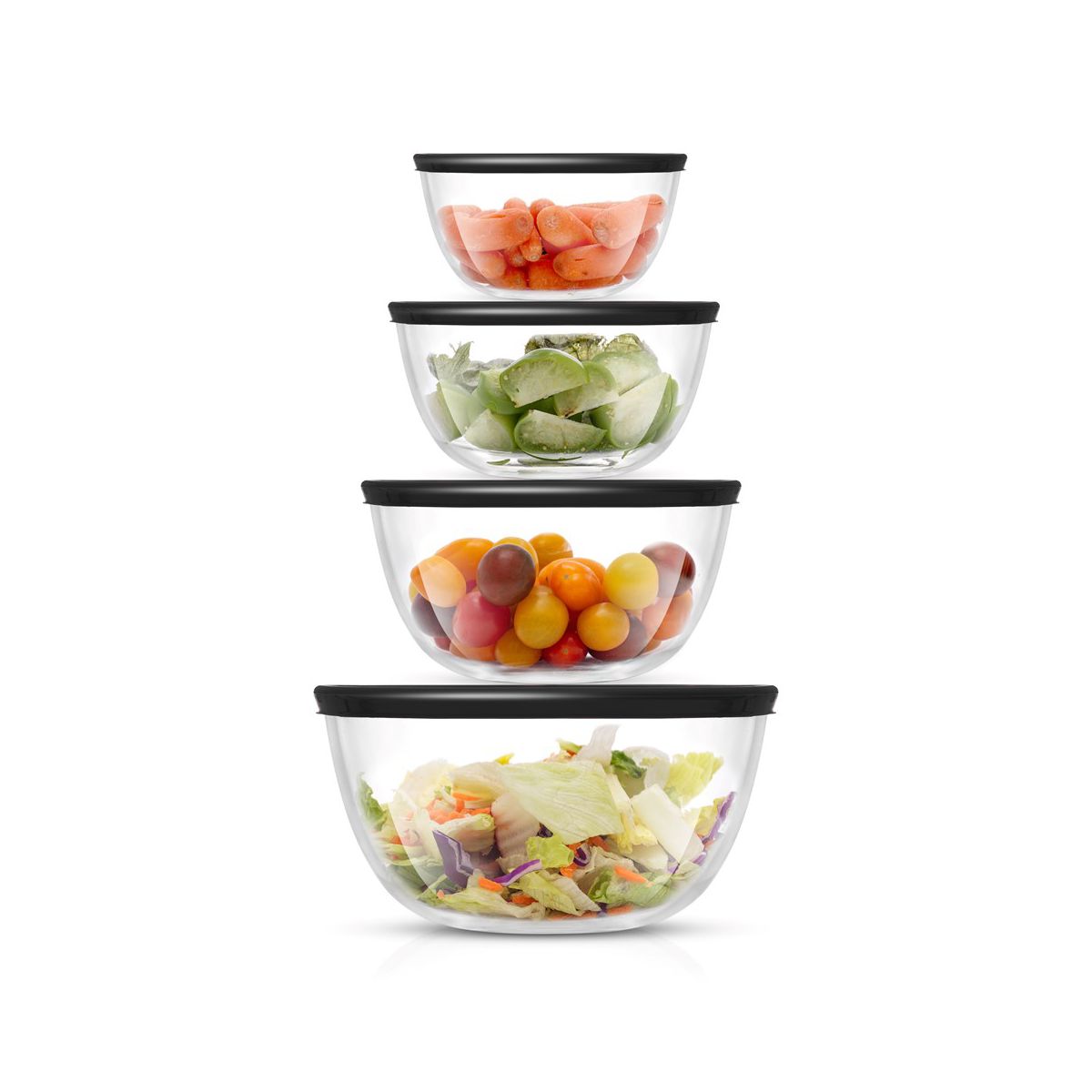 JoyJolt JoyFul 4 Kitchen Glass Food Mixing Bowls With Lids - Black