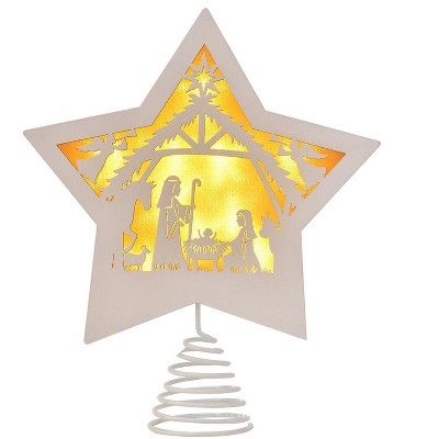 Aoibox Wooden Christmas Tree Topper Star Nativity 7.87 x 9.25 Inch with LED Light 3 Modes for Xmas Home Office Shop Decor 1 Piece