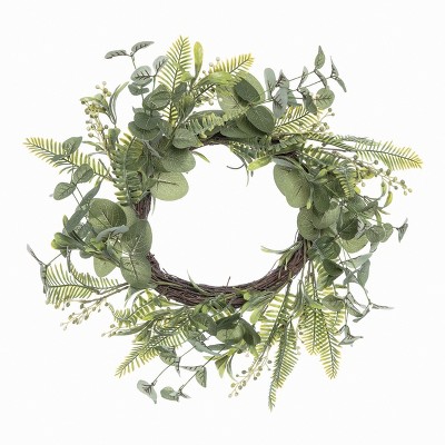 Transpac Fabric 20" Green Spring Eucalyptus and Fern Wreath