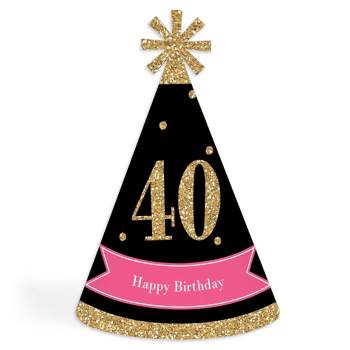 Big Dot of Happiness Chic 40th Birthday - Pink, Black and Gold - Cone Birthday Party Hats for Adults - Set of 8 (Standard Size)