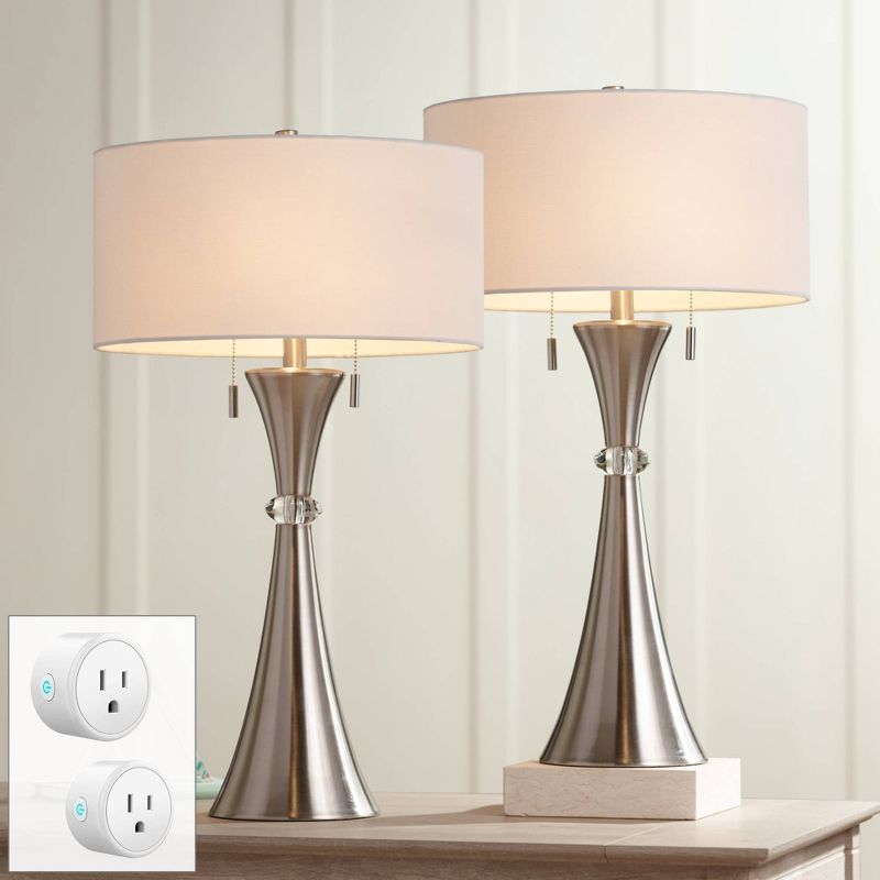 360 Lighting Rachel 28" Tall Concave Column Modern Table Lamps Set of 2 Pull Chain WiFi Smart Socket Silver Metal Living Room Bedroom White Shade, 2 of 8