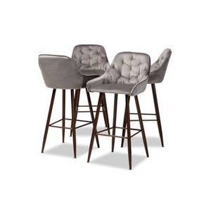 4pc Catherine Velvet Fabric Upholstered and Counter Height Barstool Gray/Walnut - Baxton Studio: Polyester, Metal Frame, Fixed Height - 1 of 4