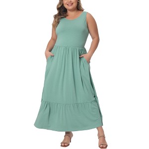 Agnes Orinda Women's Plus Size Round Neck Sleeveless Casual Tiered with Pockets Ruffle Maxi Sundresses - 1 of 4