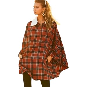 Slickblue Women's Plaid Cape-Style Pullover with Mock Neck, Zipper Detail, and Front Pocket – Rust, Sizes S/M - 1 of 4