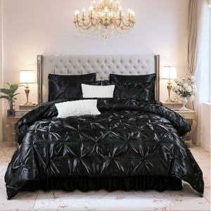 Satin Comforter Set Bed in a Bag – Pinch Pleat Luxury Bedding with Sheets, Pillowcases & Decorative Covers, Soft Silky Quilt - 1 of 4