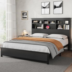 2-Tier High Headboard Bed Frame,Bookcase Storage Platform Bed with Charging Station,No Box Spring Needed & Easy to Assemble - 1 of 4