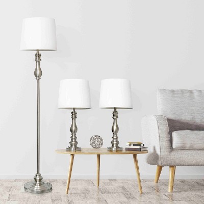 Brushed Steel and White 3-Piece Classic Lamp Set