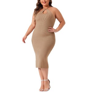 Agnes Orinda Women's Plus Size Twist Front Halter Neck Ribbed Sleeveless Midi Bodycon Dresses - 1 of 4