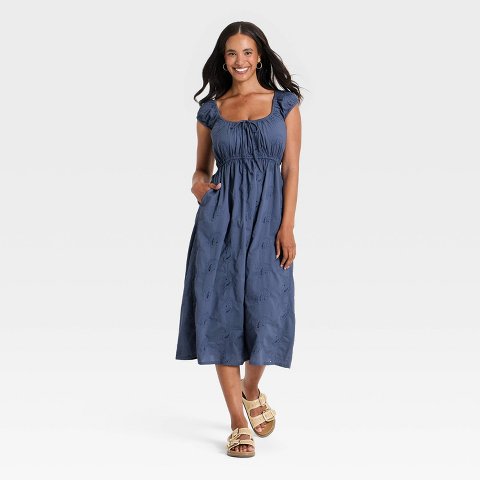 Женские кепки Universal Thread Women's Sleeve Eyelet Midi Sundress - Universal Thread™ Slate Blue S