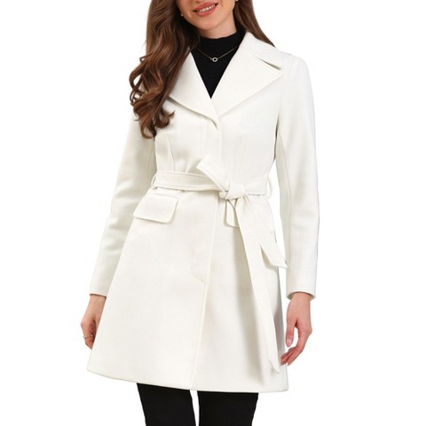 INSPIRE CHIC Women's Winter Lapel Collared Single Breasted Long Sleeve Trench Coats with Belt Large White