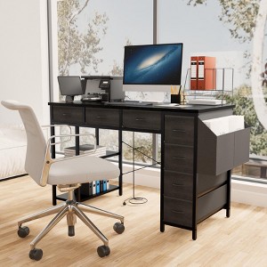 47" Computer Desk With 7 Drawers, Reversible Writing Table Workstation, Work Desk Gaming Table with Metal Frame for Home Office - 1 of 4