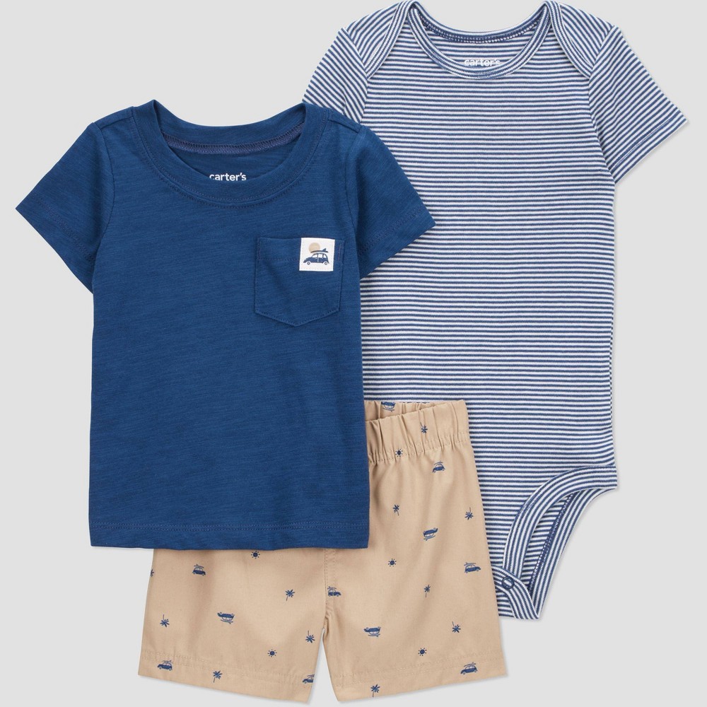 Carter's Just One You® Baby Boys' 3pc Whale Bodysuit Set - Navy Blue/Khaki 18M: Cotton T-Shirt, Bodysuit, Shorts -  93618888