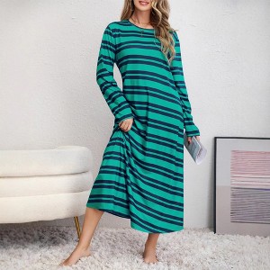 Women's Long Sleeve Striped Long Dress Crew Neck Loose Fit T Shirt Sweatshirt Dress - 1 of 4
